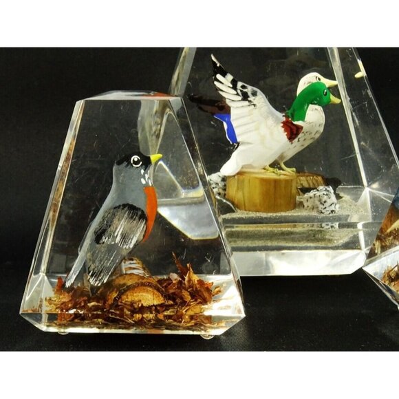 Vintage MCM Clear Lucite Prism Paperweight Lot Birds Canada Wood Carved - Picture 3 of 16